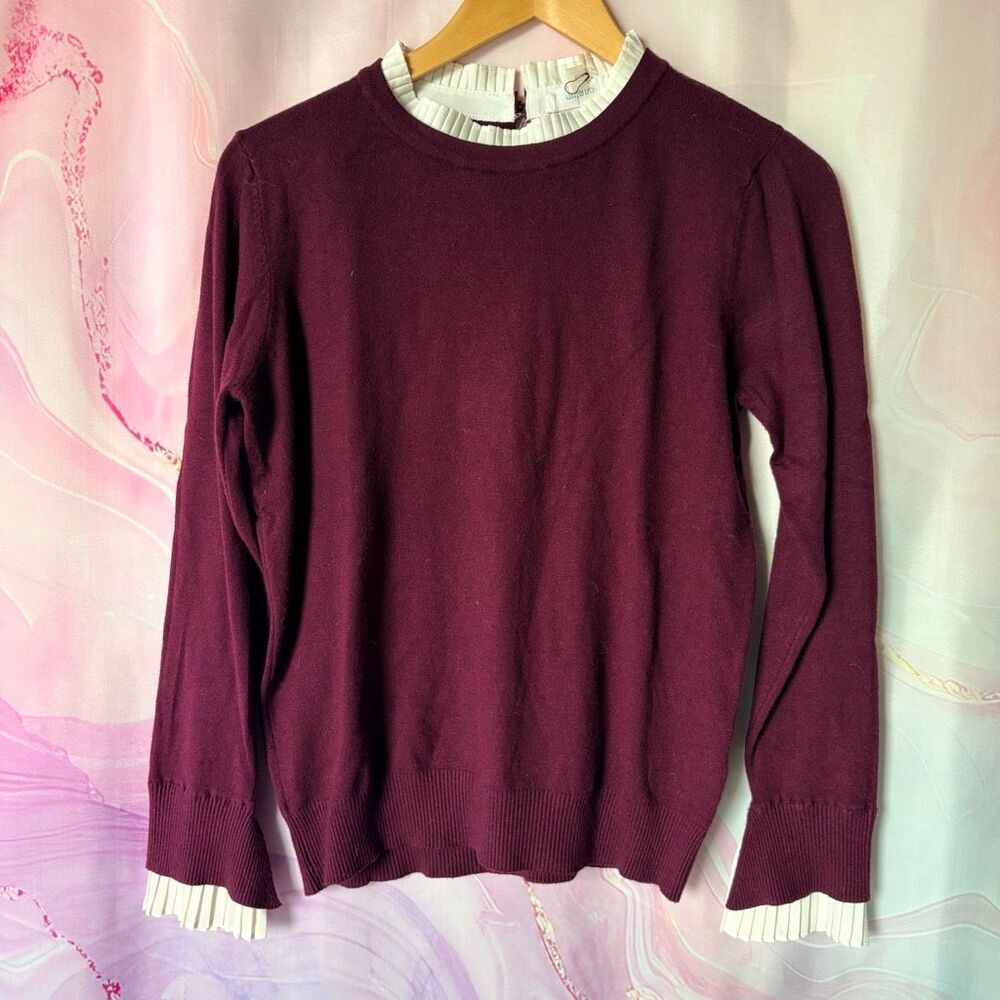 Milano Deep Purple White Ruffle Sweater L Colonial Chic Parisian Preppy Romantic